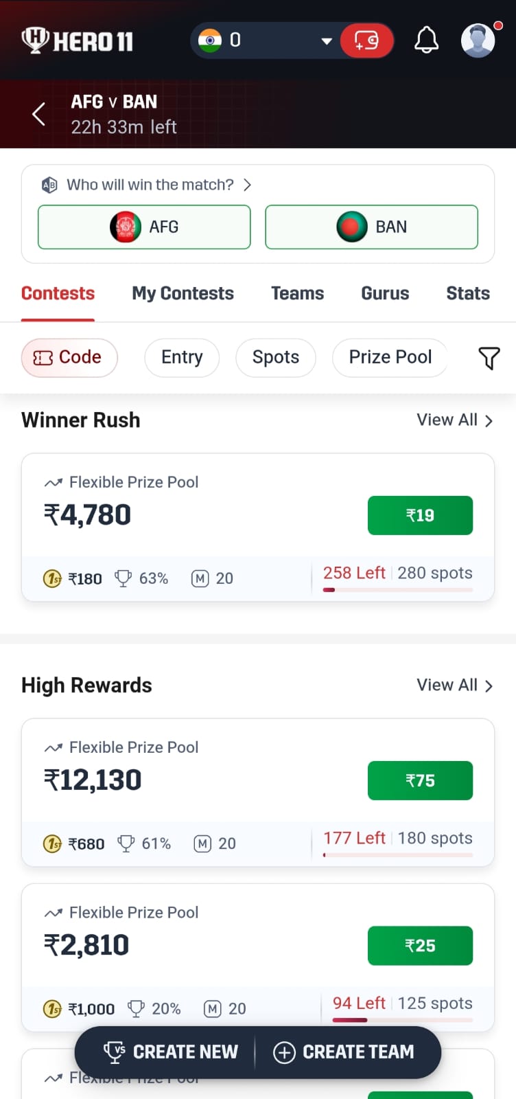 Hero11 contest list for AFG v BAN