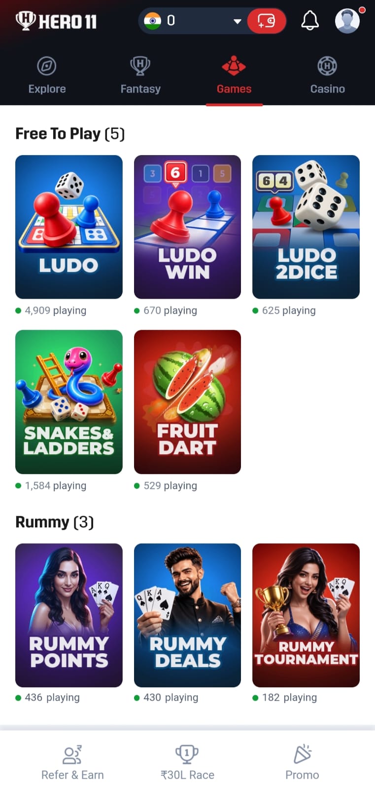 Hero11 Free To Play and Rummy tiles
