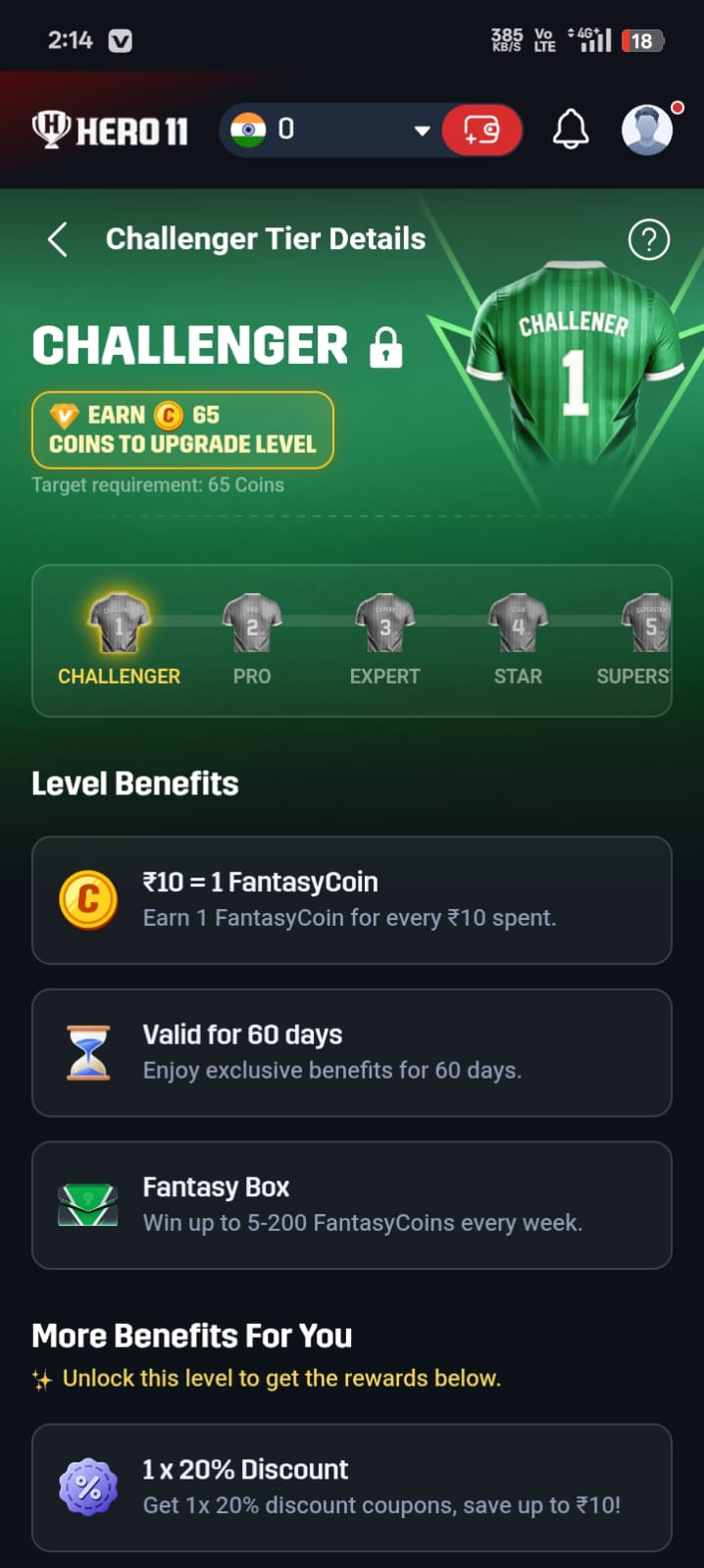 Hero11 Challenger tier screen