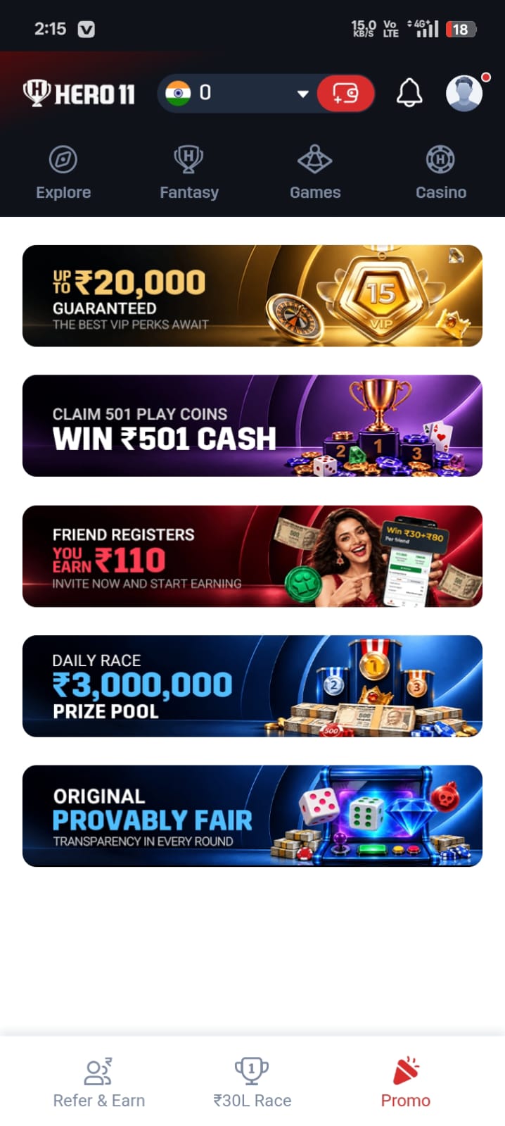 Hero11 promo strip with VIP, 501 coins, referral, daily race and provably fair