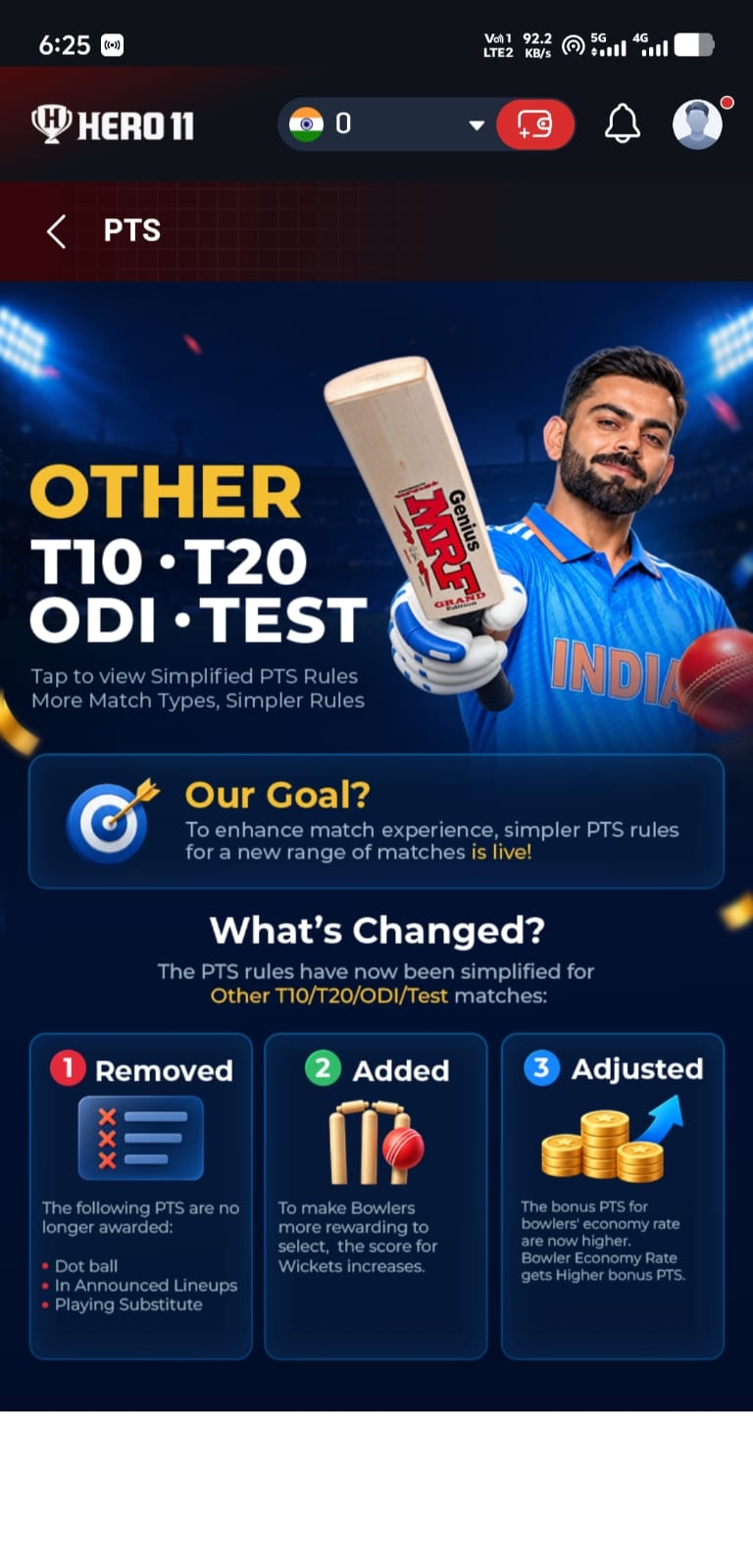 Hero11 points rules for other T10, T20, ODI and Test